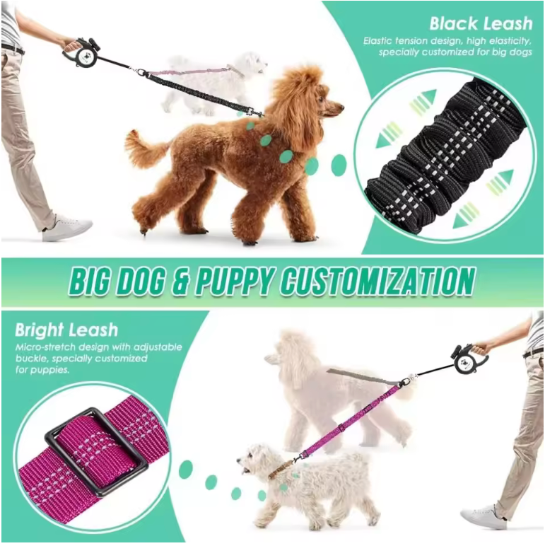 1.6Ft Long Dual Dog Leash Attachment - Double Leashes for Training Small to Large Dogs Adjustable Strap, Shock Absorbing Bungee