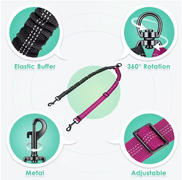 1.6Ft Long Dual Dog Leash Attachment - Double Leashes for Training Small to Large Dogs Adjustable Strap, Shock Absorbing Bungee
