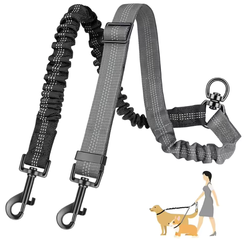 1.6Ft Long Dual Dog Leash Attachment - Double Leashes for Training Small to Large Dogs Adjustable Strap, Shock Absorbing Bungee