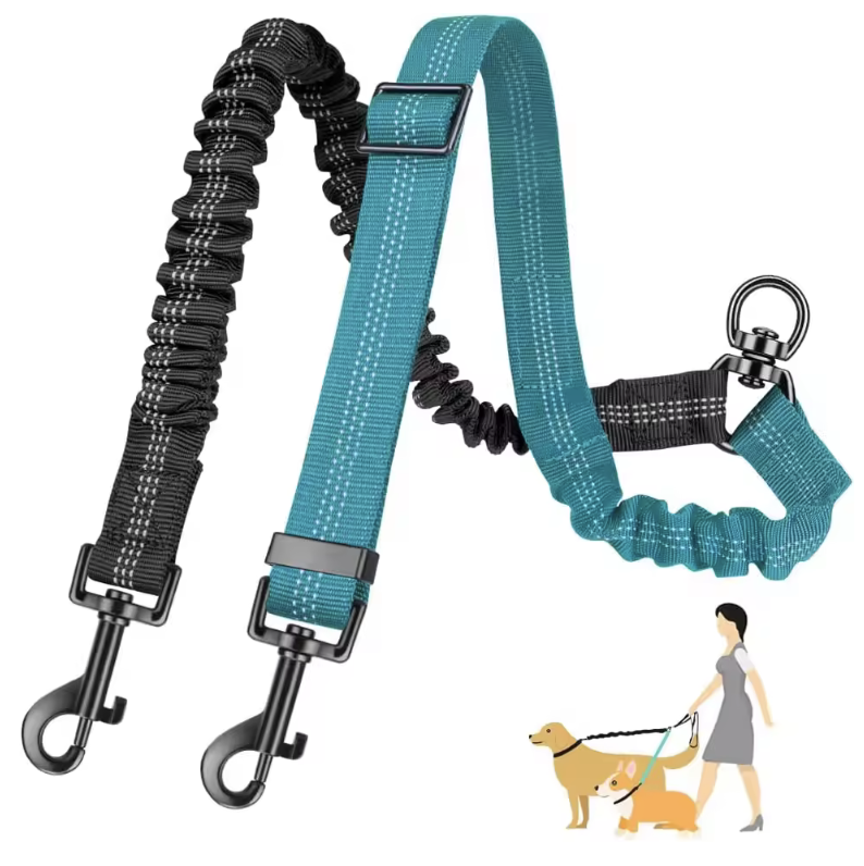 1.6Ft Long Dual Dog Leash Attachment - Double Leashes for Training Small to Large Dogs Adjustable Strap, Shock Absorbing Bungee