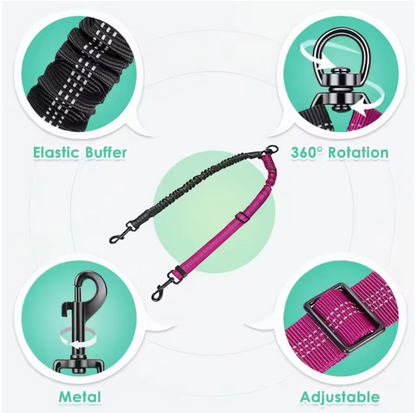 1.6Ft Long Dual Dog Leash Attachment - Double Leashes for Training Small to Large Dogs Adjustable Strap, Shock Absorbing Bungee