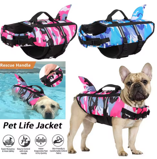 Pet Dog Life Jacket Vest Clothes Life Vest Collar Harness Pet Dog Swimming Summer Swimwear Clothes Camouflage Shark Blue Fuchsia