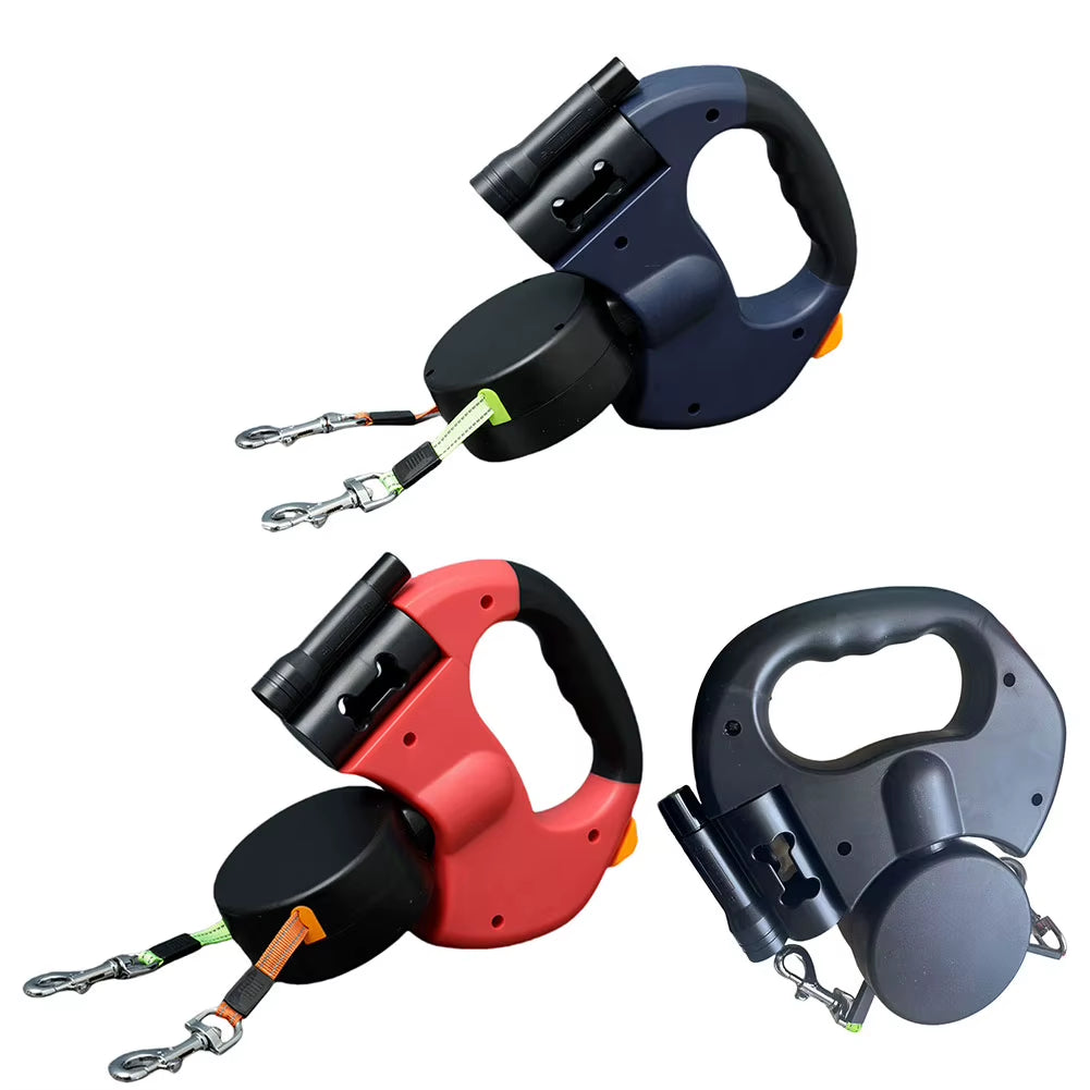 Double Headed Dog Leash Traction Rope with LED Light Dual Pet Leash Retractable Dog Leash for Small Medium Dogs